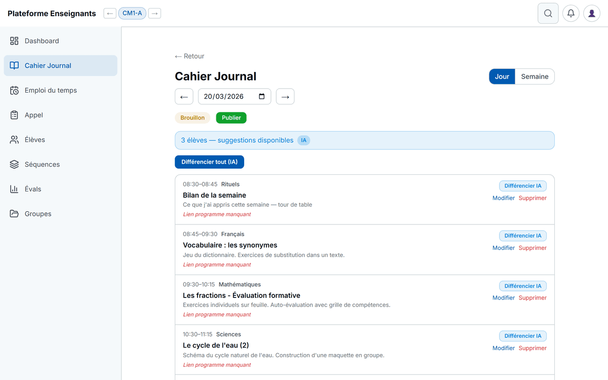 Dashboard semaine du cahier journal avec créneaux CP et CE1