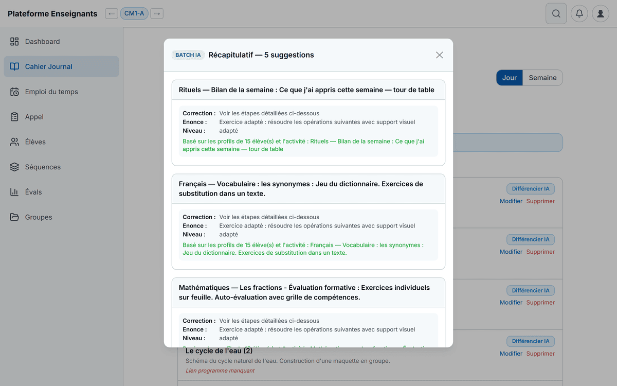 Panneau de suggestions adaptées pour un élève avec PAP
