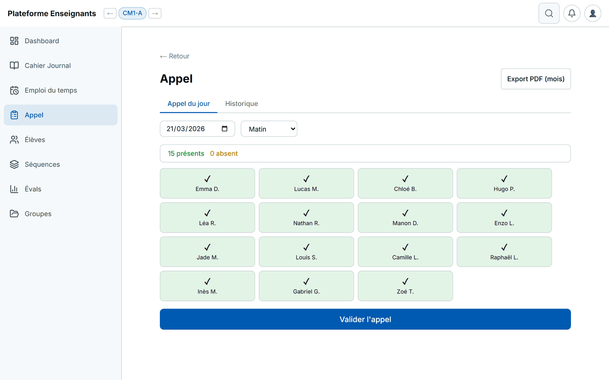 Grille de registre d’appel avec statuts présent, absent, retard