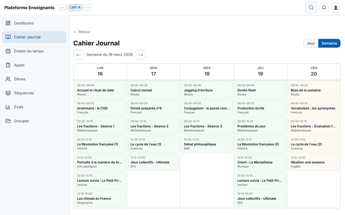 Vue semaine du cahier journal — planification de classe avec activités par jour